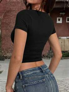 Women's Fashionable Sexy Deep V Black Fitted Top - Black - View 5