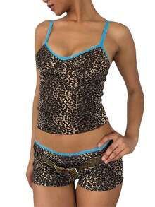 Women's  Satin Shorts Pajama Set Sleeveless V Neck Camisole And Shorts Y2k Leopard Print Lace Trim Sleepwear Loungewear Shiny Backless Low Cut Summer Two Piece Pjs Sets - 豹紋 - 查看 1