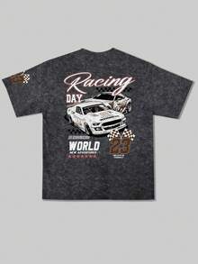 Zrgoth Men's Casual Versatile Minimalist Racing English Slogan Element Washed Short Sleeve T-Shirt - Black - View 5