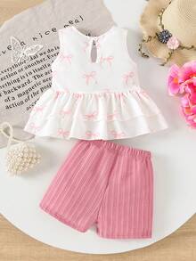 2 peças/Conjunto Casual Doce de Meninas Bebê com Estampa de Laço, Regata com Laço + Shorts Jacquard Confortáveis, Conjunto de Verão para Férias - Rosa chiclete - Visão 2