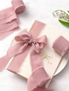 Handmade Frayed Satin/Chiffon Ribbon Set - Fade-Resistant Polyester Woven Material, Suitable For Wedding Invitations Packaging, Bouquet Decoration, Bridal Bouquet, Birthday Party, Christmas Gifts, DIY Crafts And Sewing Projects - Pink - View 3