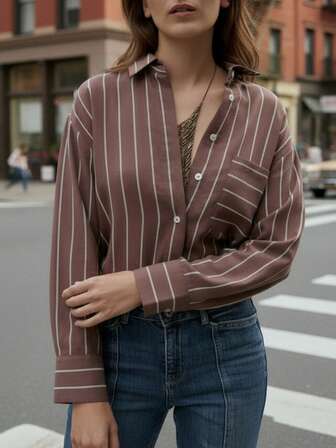 女士时尚休闲条纹衬衫，翻领，带口袋，前襟纽扣，适合办公室、通勤、街头风格，春夏新款