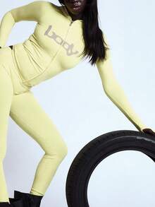 Slim-Fit Letter Print Zipper 2-Piece Set - Women's Fall Hooded Long Flare Pants Tracksuit - Màu vàng - Xem 4