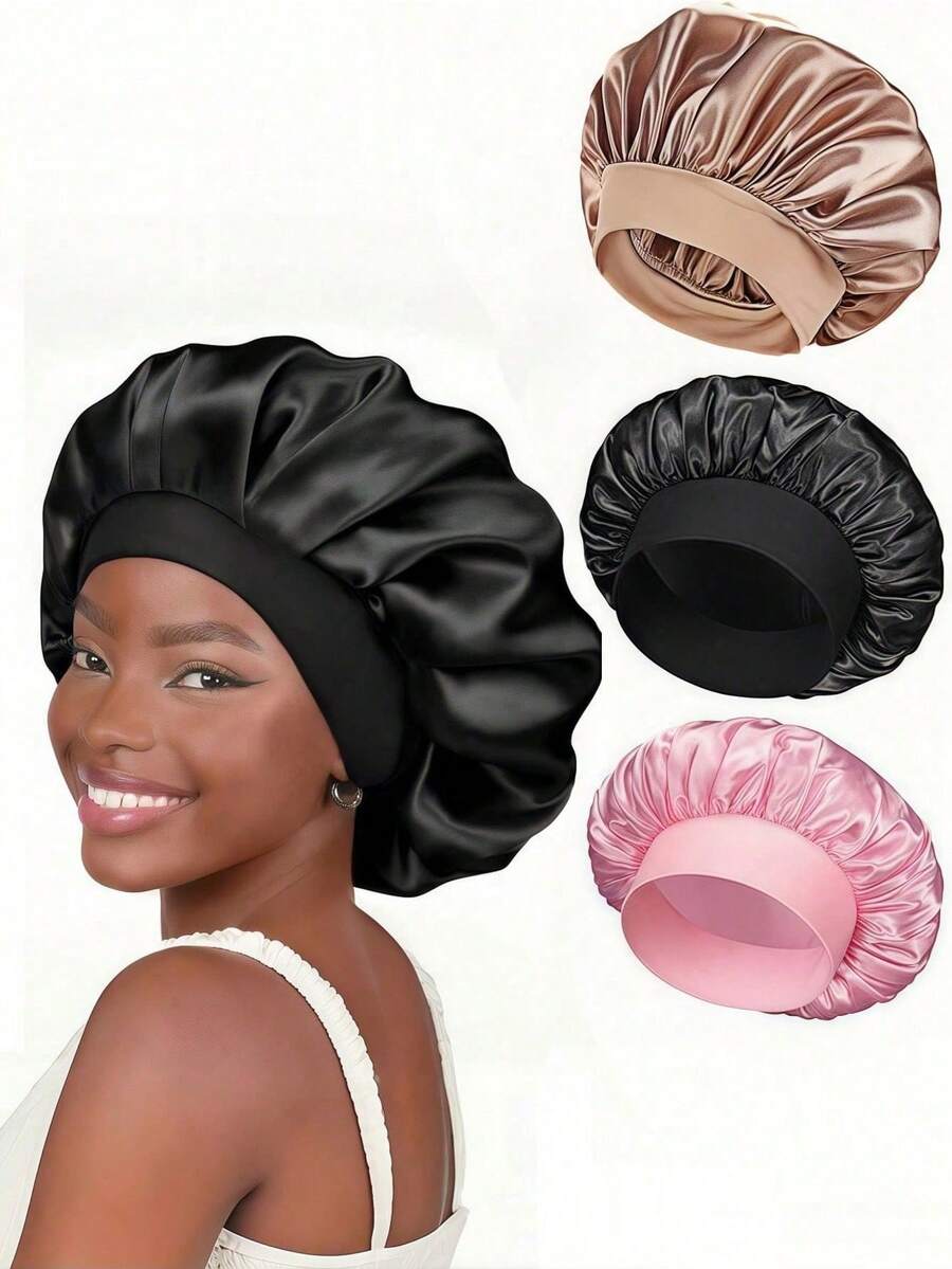 1pc Silk Sleep Cap Set - Satin Hair Bonnet, Suitable For Curly/Wavy Hair, With Soft Elastic Band (Black And Gold), Gentle Sleep Cap To Protect Hair And Control Frizz - Multicolor - View 1