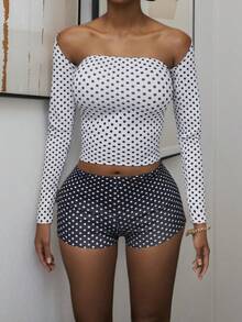 2pcs/Set Sexy Polka Dot Strapless Long Sleeve Top And Matching High Waist Shorts, Suitable For Women's Casual Party Wear