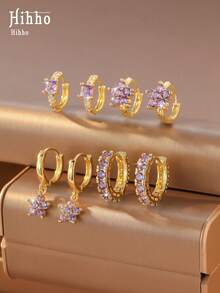 Hihho 8件套多色立方氧化锆花朵耳环套装，镀金蓝紫色/绿松石蓝/宝石蓝，时尚叠戴耳环，适合日常佩戴、派对、节日礼物 - 疊戴耳圈 - 查看 11