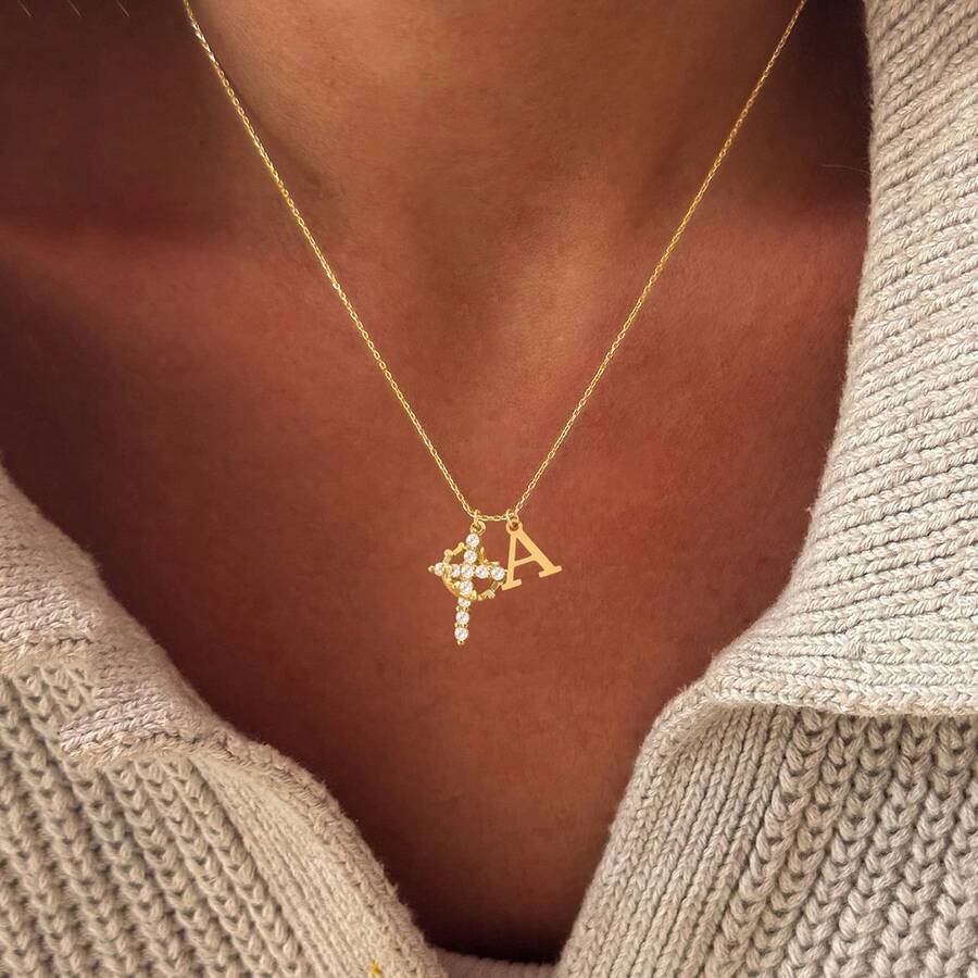 1pc Simple Classic Initial Crown Cross Pendants Golden Stainless Steel Chain Necklaces For Women - Yellow Gold - View 1