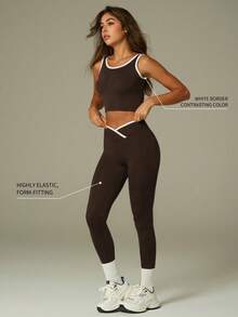 UONNOU 女士无袖上衣和紧身裤两件套运动服套装，采用蜜桃形提拉设计，收腰剪裁，面料柔软舒适，适合网球、高尔夫、羽毛球、球类运动、瑜伽、普拉提、轻度运动、健身房锻炼、跑步、户外休闲、通勤、工作、购物以及各种运动场合，时尚无缝运动服套装，四季皆宜。 - 棕色 - 查看 2