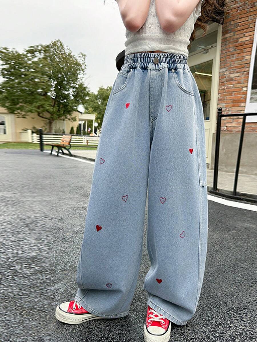Girls  Stuff - Baggy Jeans With Red Heart Embroidery, Kpop Style Girls Jeans, Perfect Kids Clothes Girls & Christmas Teen Girl Gifts - 藍色 - 查看 1