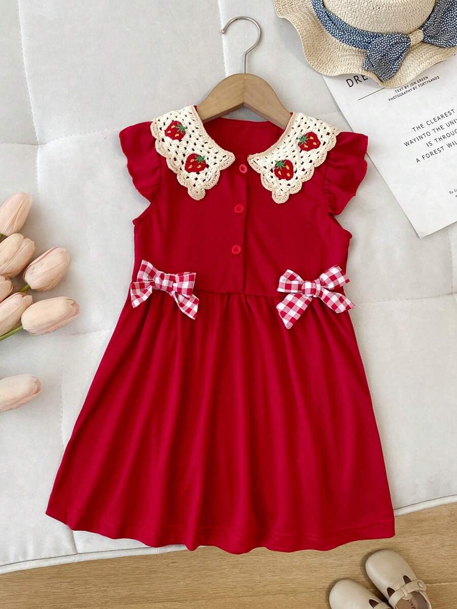 女童休闲时尚格子刺绣领短袖草莓印花连衣裙，夏季 - 紅色 - 查看 1