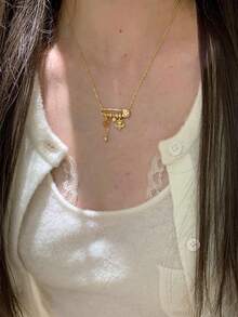 时尚磨砂鸢尾花星芒珍珠胸针项链，女士轻盈奢华项链首饰礼品 - 彩色 - 查看 4