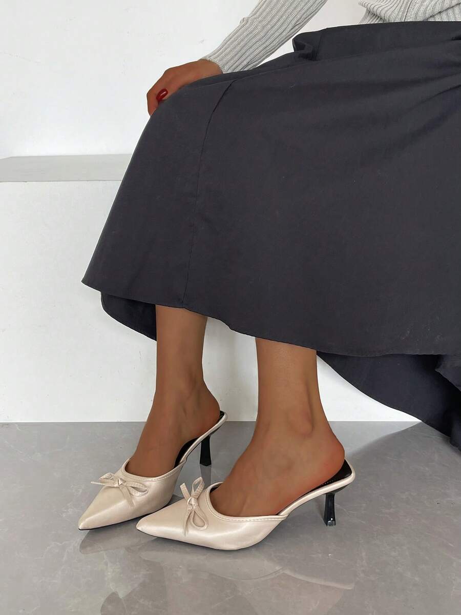 Women's New Pointed Toe High Heel Pumps, Bow Decor Elegant Champagne High Heels, Chic Fashion Versatile Pointed Toe Mule Slip-On Stilettos