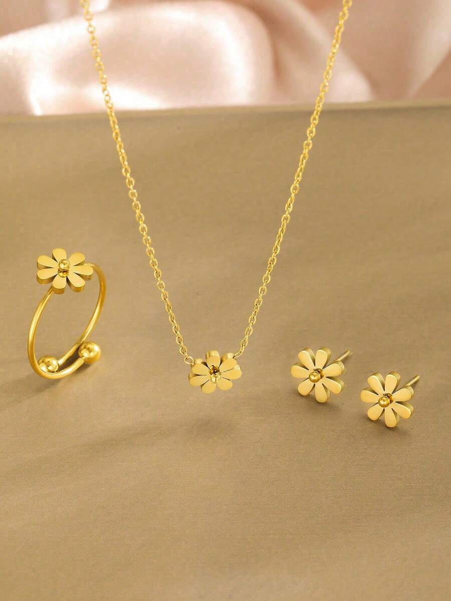 3件套优雅不锈钢金色链雏菊吊坠项链、耳环和戒指套装，适合女孩日常佩戴，精美礼品，四季皆宜。 - 金色 - 查看 1
