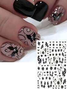 2片渐变黑色花朵蝴蝶美甲贴纸，晕染百合花优雅婚礼滑扣美甲饰品，美甲用品，美甲设计装饰配件，美甲贴纸 - 黑色 - 查看 4