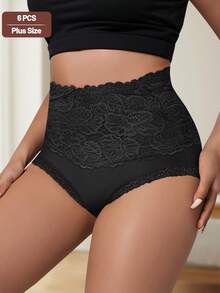 6 chiếc quần lót cotton cạp cao ôm bụng dành cho nữ cỡ lớn, phối ren, che phủ toàn diện, họa tiết jacquard. - Nhiều màu - Xem 5