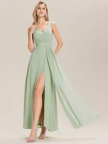 Elegant Solid V-Neck Ruched Draped Split Thigh Maxi Sage Green Bridesmaid Dresses - Mint Green - View 4