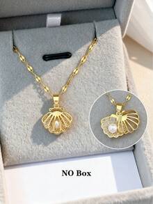 1 pieza Elegante collar de concha personalizado, collar con colgante de perla artificial microincrustada de acero inoxidable - Dorado - Ver 2