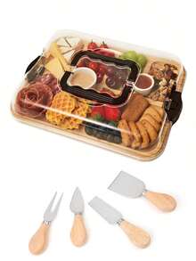 6-Compartment Bamboo Cheese Board Set With Transparent Locking Lid (Travel Portable) - Includes Cake & Cookie Tray, Fruit Tray And Kitchen Cutting Board | Ideal Housewarming & Women's Gift - Multicolor - View 11