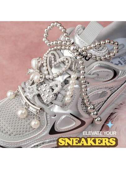 332 鞋带吊坠女士运动休闲鞋带装饰配件套装，银色运动鞋装饰，珍珠水钻袜子配件带安全别针，DIY 装饰个性化袜子配件
