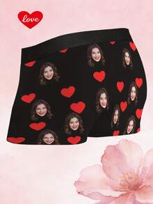 Men's Customized Face & Red Heart Pattern Black Elastic Fabric Soft Romantic Novelty Briefs, Valentine's Day/Anniversary Gift - Multicolor - View 2