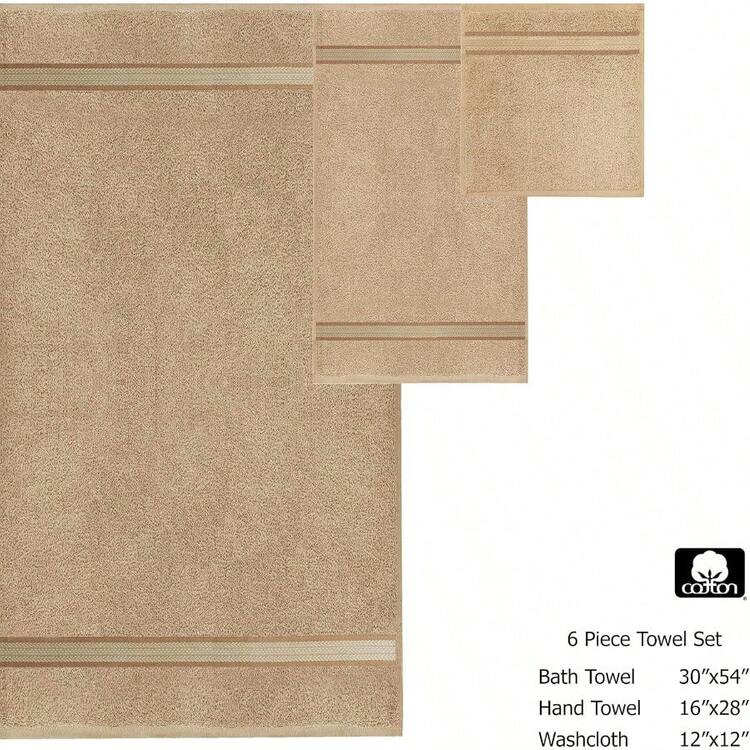 Cotton Craft Ultra Soft 6 Piece Towel Set Linen Luxurious 100% Ringspun Cotton Heavy Weight and Absorbent Rayon Trim - 2 Oversized Large Bath Towels 30x54 2 Hand Towels 16x28 2 Wash Cloths 12x12 - Lino - Añade 9
