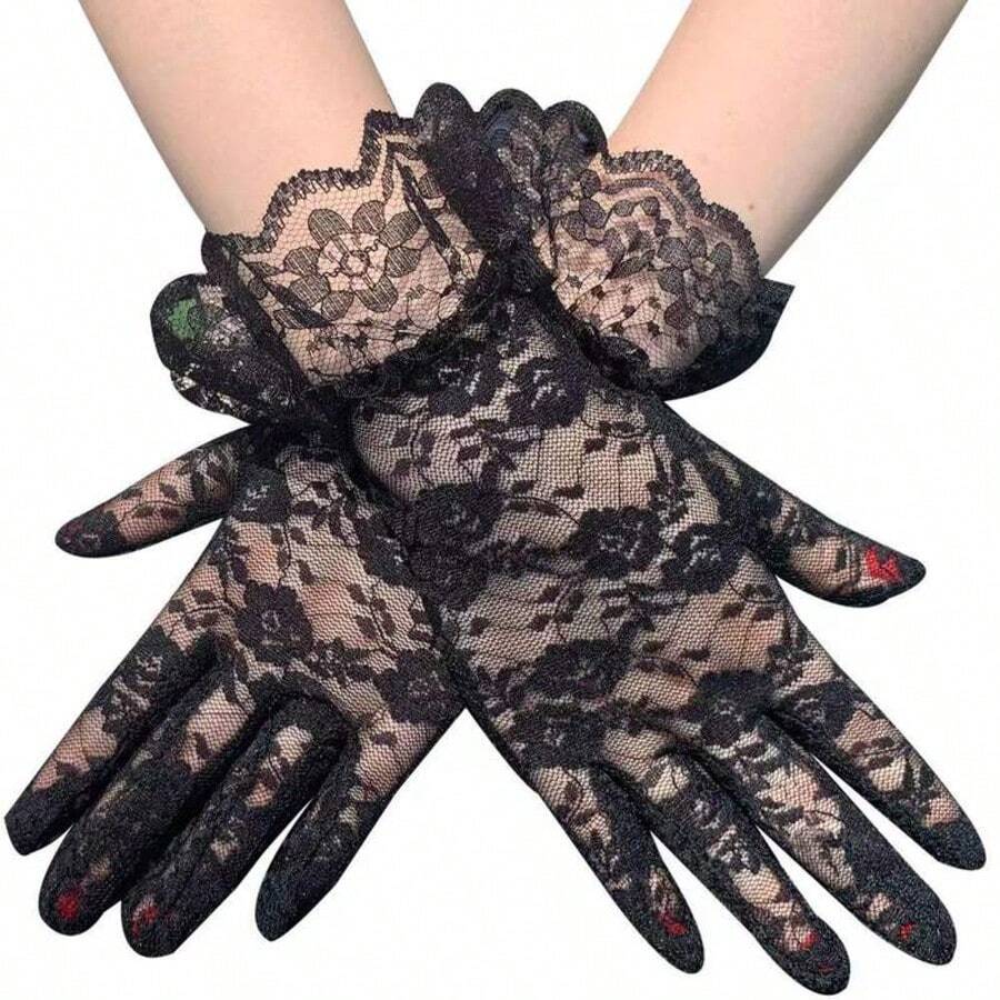 女款黑色蕾絲短手套,夏季透視刺繡網格花卉設計,精緻透氣仙女風。可用作新娘手套/婚禮袖套/蕾絲手套/女款袖套配件,適合婚紗、新娘面紗、晚禮服、襯裙、蘿莉塔服飾,婚禮儀式專屬配件;適用於畢業季/婚禮季/度假季/婚禮手套/宴會/派對/體育節用品/日常戶外/車內氛圍造型 - 黑色 - 查看 1