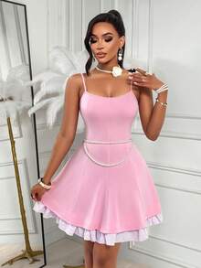 Pink Suspender Girlish Dress, Full Of Girlishness, Daily Casual Commuting Style, Needle And Shuttle Woven Splicing Design, Spring And Summer Girlish Dress - Pink - View 5