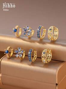 Hihho 8件套多色立方氧化锆花朵耳环套装，镀金蓝紫色/绿松石蓝/宝石蓝，时尚叠戴耳环，适合日常佩戴、派对、节日礼物 - 疊戴耳圈 - 查看 9