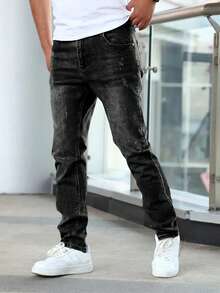 Men's Slim-Fit Stretch Jeans, Men's Skinny Jeans, Stylish And Comfortable Stretch Waist Jeans, Men's Trousers, Men's Sweatpants, Black And Gray Washed Jeans, Slim Fit, Versatile Style, Pockets, Zipper, Buttons, Halloween, Christmas - 黑色 - 查看 10