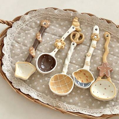 可爱甜点造型勺、陶瓷面包汤匙、萌趣浆果勺、煎饼/菠萝/牛角面包造型甜点勺、优雅厨房用勺