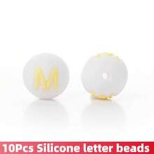 10/26颗白色底黄色字母圆形硅胶字母珠 - DIY个性化珠宝制作套装，工艺用品，适用于制作姓名手链、钥匙扣、吊坠、证件挂绳和珍珠笔