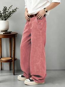 1pc Retro American Style Men's Loose Fit Wide Leg Brown Jeans, Cartoon Elephant Embroidery, Unisex (Belt And Accessories Not Included) - Pink - View 4