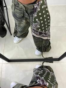 Street Camouflage Green Cargo Pants, Loose Fit Multi-Pocket Design With Drawstring