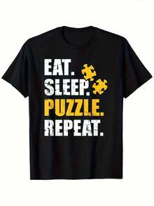 Camiseta estampada 100 % algodón para hombre. Diseño de rompecabezas amarillo "Eat Sleep Puzzle Repeat". Manga corta, holgada, cómoda y transpirable, ligera, de verano, con cuello redondo y 151 g de peso. - Negro - Ver 6