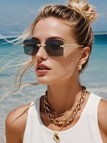 1pc Fashionable Metal Glasses, Unisex Summer Beach Photography Vacation Y2K Style - Gold - View 1