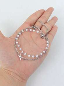 2Pcs/Set Simple Fashion Custom Name Initial Pendent Gold Color Stainless Steel Chain Faux Bead Chain Bracelets For Women - Multicolor - View 8