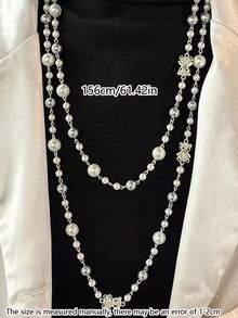 1pc Fashionable Delicate Faux Pearl Beaded Hollow Bear Beaded Necklace, Elegant Sweet Baroque Style Metal Rhinestone Faux Pearl White Long Necklace, Suitable For Women's Daily Wear, Party, Date, Anniversary, Commemorative Gift, Valentine's Day Gift, Jewelry Gift