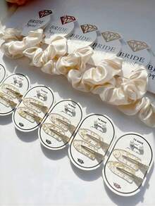 30pcs Elegant Satin Hair Scrunchies And Pearl Hair Clips Set, Gold Foil Hair Clips, Bridal Bridesmaid Diamond Studded Hair Ties, Damage-Free, Suitable For Weddings, Engagements, Bachelorette Parties And More,Summer,Holiday,Travel,Festival,Party - Multicolor - View 2