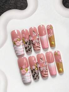 10pcs Romantic Pink Nail Stickers Set, Acrylic Nail Art Kit, Pink 5-Petal Flowers, Gold Starfish, Shells, Fish, White Mixed 5-Petal 3D Floral Nail Decorations, Brown Leopard Print, Pink Waterwave Nail Art Decals, Ombre Pink, Includes Nail Tools (1 Jelly Sticker + 1 Nail File) Nails Nail Supplies - 彩色 - 查看 14