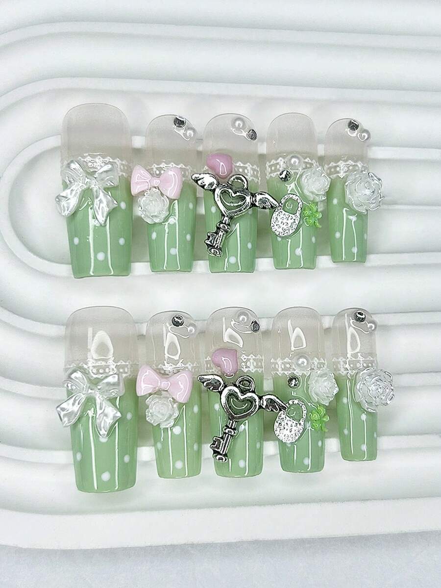 10片复古薄荷绿洛丽塔手工按压式美甲贴片，带蝴蝶结、珍珠、波点、四叶草图案，可重复使用美甲配件（1片果冻贴纸+1个指甲锉） - 綠色 - 查看 1