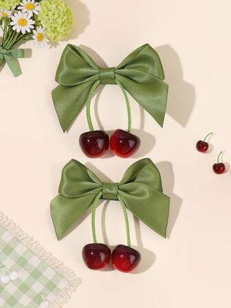 2pcs Cherry Hair Bows For Girls Glossy Green Ribbon Bow Alligator Clips Simulated Cherry Hair Clips Delicate Fruit Barrettes Cute Sweet Cherry Hairpins Teens Hair Accessories