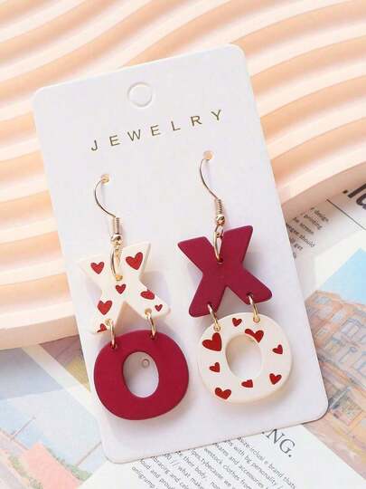 1 Pair Acrylic Painted XO Heart Print Earrings, Elegant & Sexy Earrings, Soft Ceramic Texture, Valentine's Day Gift