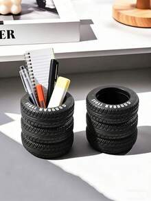 1个创意轮胎造型笔筒，多功能个性化文具收纳盒，桌面整理器，耐用黑色带字母办公桌收纳架，化妆刷架，家居装饰，适用于学校和办公室 - 彩色 - 查看 5