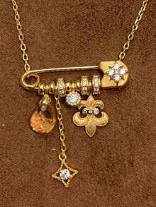 时尚磨砂鸢尾花星芒珍珠胸针项链，女士轻盈奢华项链首饰礼品 - 彩色 - 查看 6