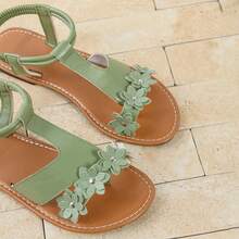 1 Pair Beach Bohemian PU Leather Contrast Color Women Flat Sandals, Elastic Band Fashion Embroidered Flat Slippers For Beach Vacation Summer - Green - View 7