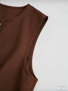 Franclia 2-Piece Set With Sleeveless Cardigan, Comfortable For Vacation, University Clothes, And More. (Image Description: "Marrante" Fabric) - Coffee Brown - View 3