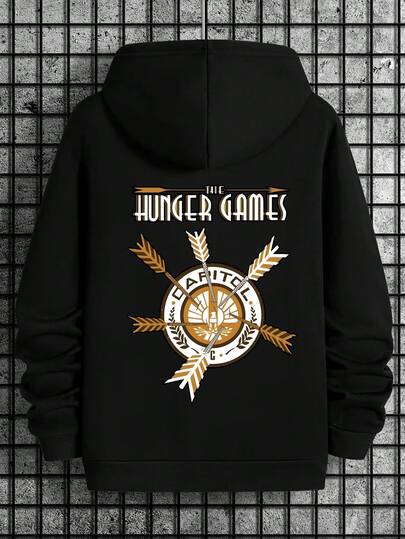 Sudadera con Capucha de Los Juegos del Hambre, Diseño de Antorcha del Capitolio con Cuatro Flechas Doradas, Anillo Exterior Marrón y Anillo Interior Blanco, Estampado en la Espalda, Sudadera Casual con Bolsillos y Cordón, Ajuste Holgado, Moderna y Versátil, Ropa de Otoño e Invierno para Hombres