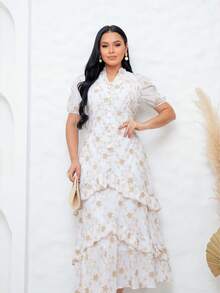 Women's Maxi Dress With Embroidered Appliqués, Puff Sleeves, Layered Skirt, V-Neck, Faux Buttons On The Bust, Elegant, Romantic And Perfect. - 白色 - 查看 3