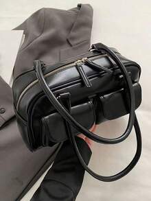 黑色时尚机车风腋下单肩包，多口袋设计，适合工作通勤、街头穿搭和日系风格，女性必备单品。 - 黑色 - 查看 9