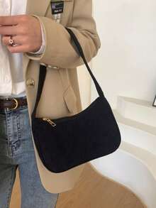 Túi xách vải nhung kẻ, túi đeo vai sang trọng kiểu cổ điển, túi xách dáng baguette dành cho nữ. - trắng - Xem 8